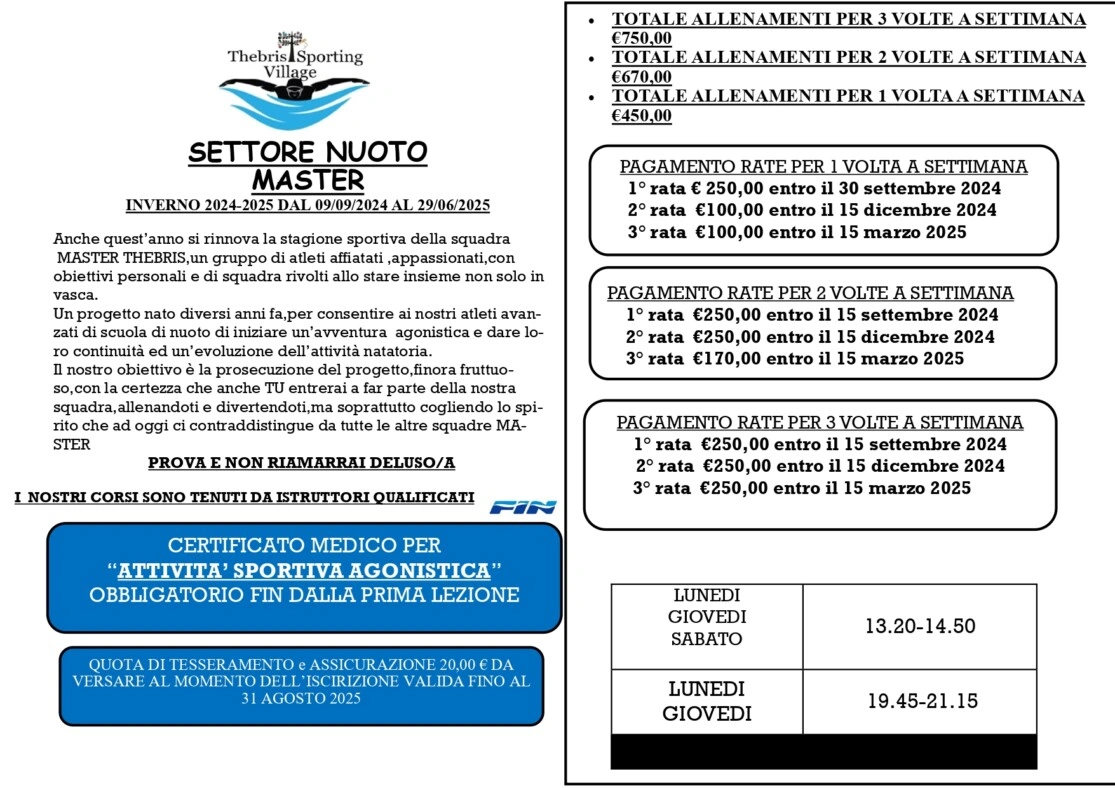 Nuoto Master  Orari  Prezzi e regolamento